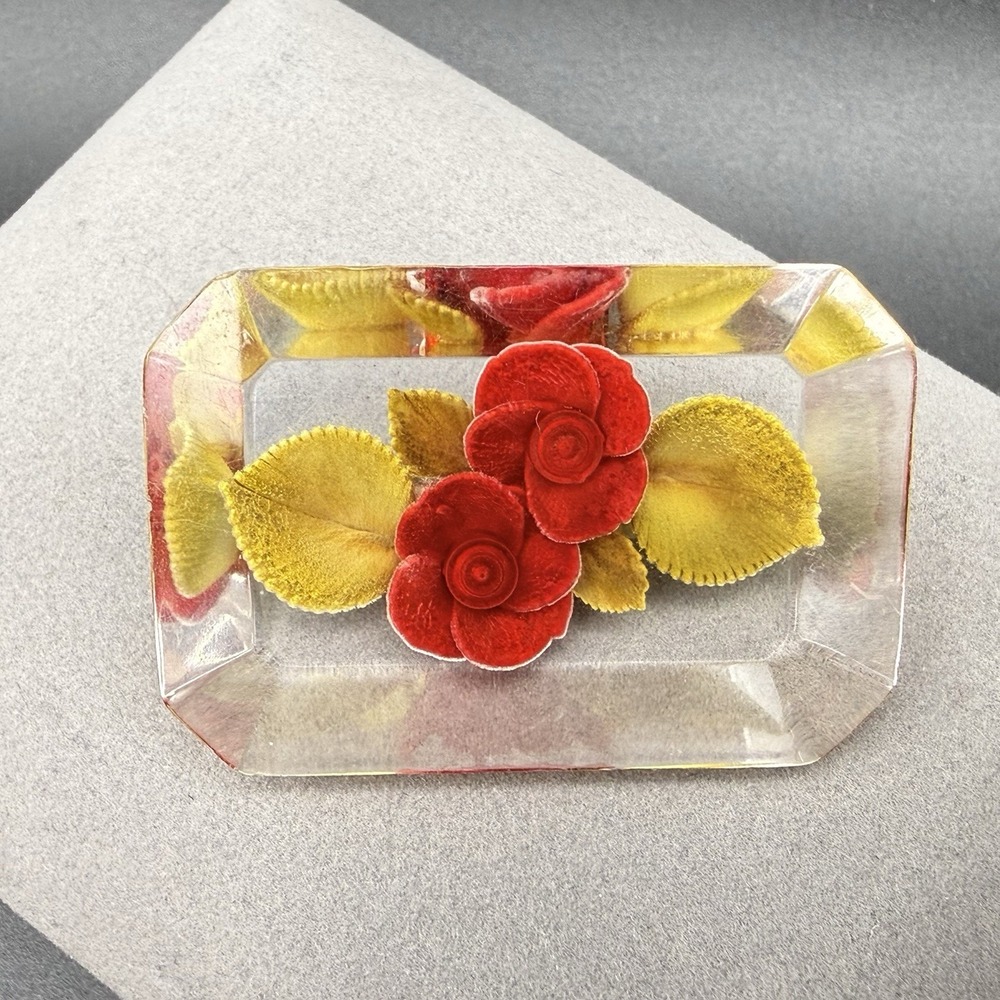 Vintage Reverse Carved Lucite Floral Brooch Red Roses Mid Century Pin 1.75"